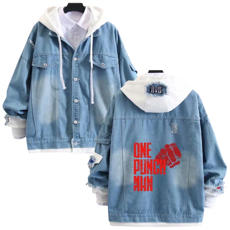  One Punch Man anime stitching denim jacket top sweater from S to 4XL