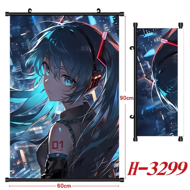 Hatsune Miku Anime Black Plastic Rod Canvas Painting Wall Scroll 60X90CM H-3299