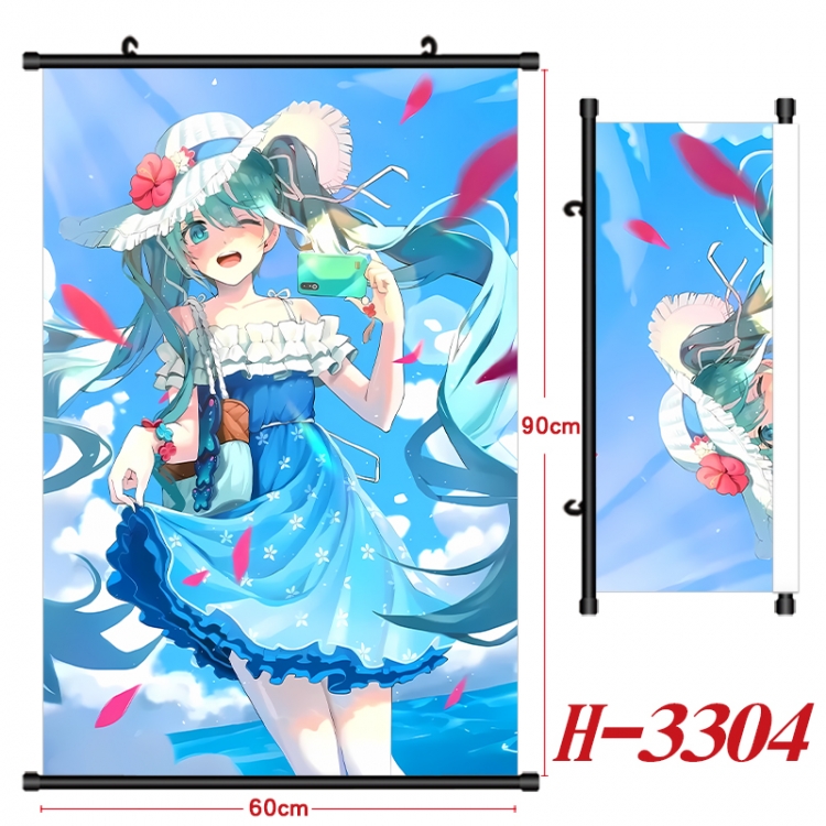 Hatsune Miku Anime Black Plastic Rod Canvas Painting Wall Scroll 60X90CM H-3304