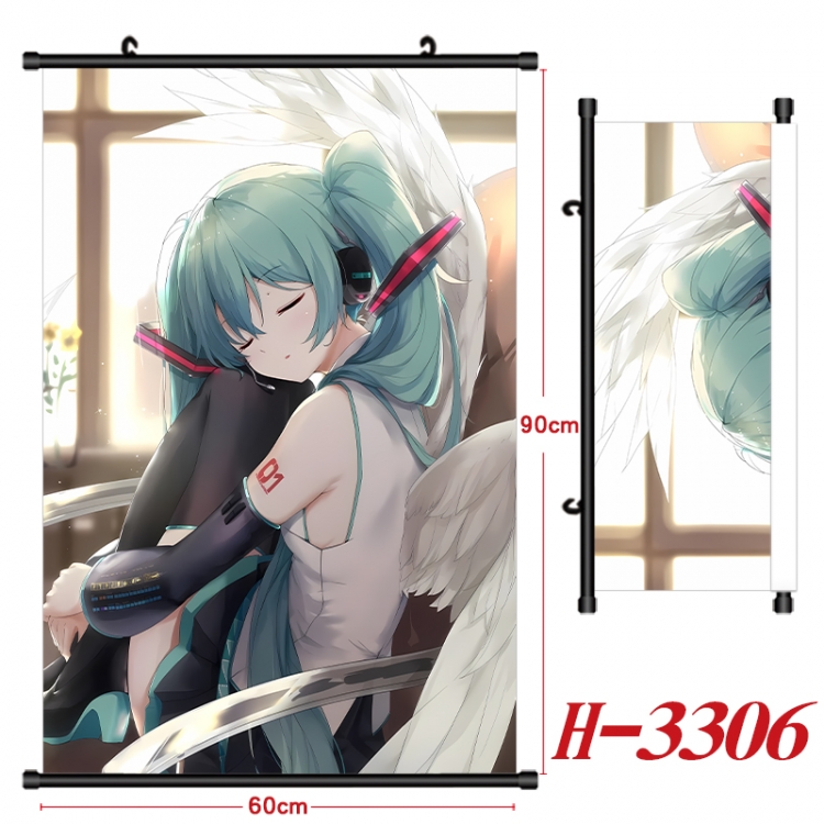 Hatsune Miku Anime Black Plastic Rod Canvas Painting Wall Scroll 60X90CM H-3306