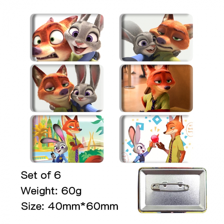 Zootopia Anime square tinplate badge chest badge 4X6CM a set of 6