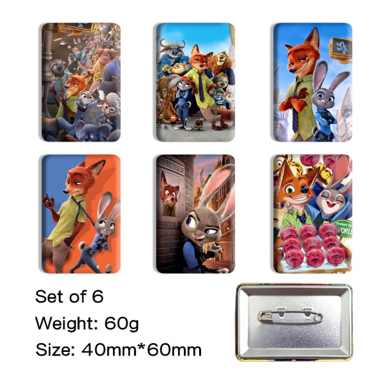 Zootopia Anime square tinplate badge chest badge 4X6CM a set of 6