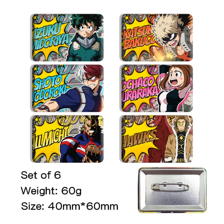 My Hero Academia Anime square tinplate badge chest badge 4X6CM a set of 6