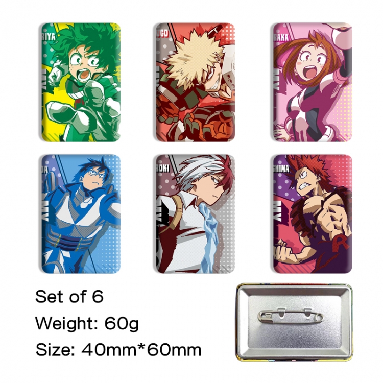 My Hero Academia Anime square tinplate badge chest badge 4X6CM a set of 6