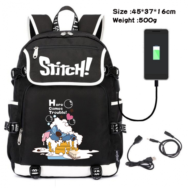 Lilo & Stitch Anime Flip Data Cable USB Backpack School Bag 45X37X16CM