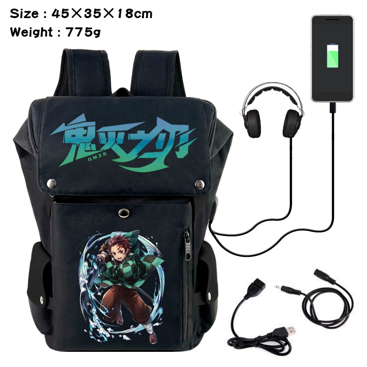 Demon Slayer Kimets Anime Canvas Bucket Data Cable Backpack School Bag 45X35X18CM 775G