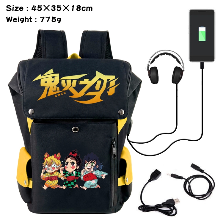 Demon Slayer Kimets Anime Canvas Bucket Data Cable Backpack School Bag 45X35X18CM 775G