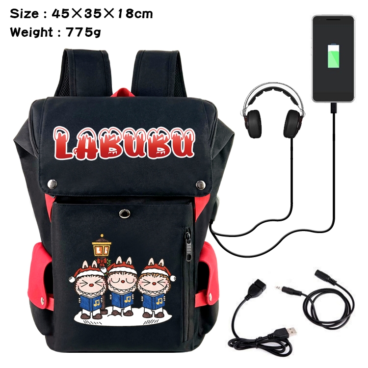 Labubu Anime Canvas Bucket Data Cable Backpack School Bag 45X35X18CM 775G