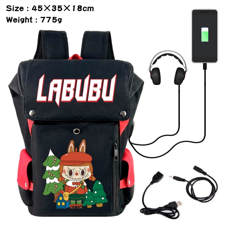 Labubu Anime Canvas Bucket Data Cable Backpack School Bag 45X35X18CM 775G