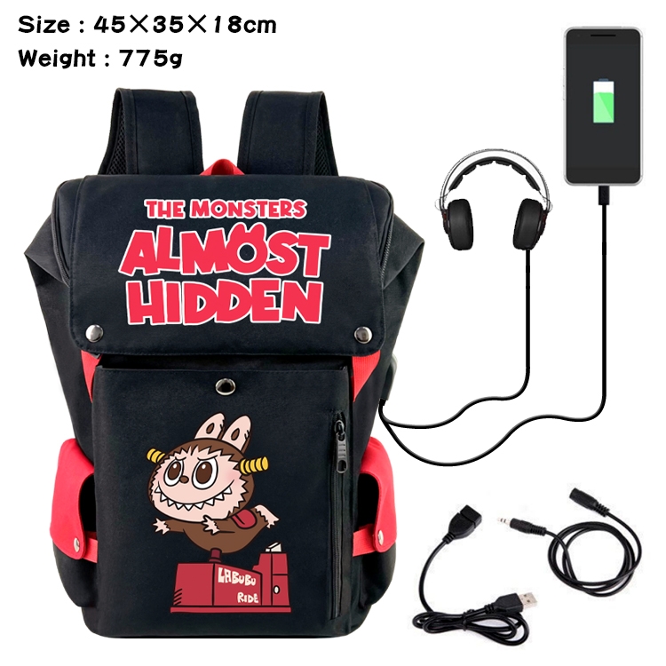 Labubu Anime Canvas Bucket Data Cable Backpack School Bag 45X35X18CM 775G