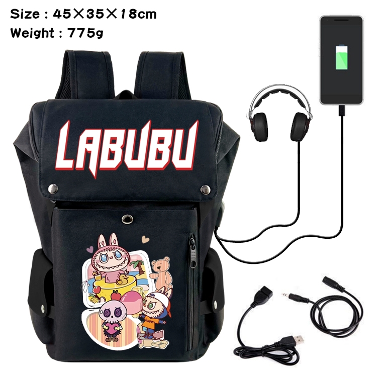 Labubu Anime Canvas Bucket Data Cable Backpack School Bag 45X35X18CM 775G