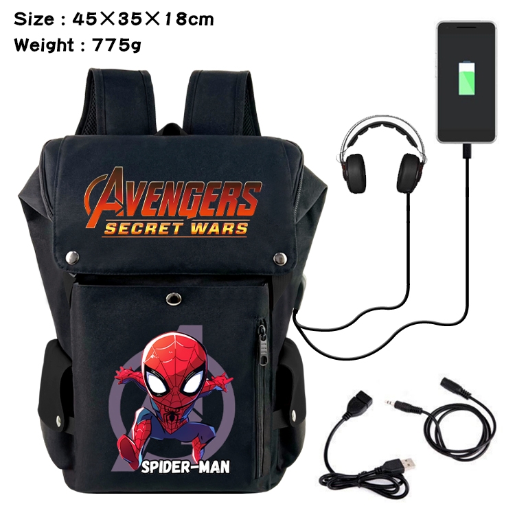 Marvel Anime Canvas Bucket Data Cable Backpack School Bag 45X35X18CM 775G