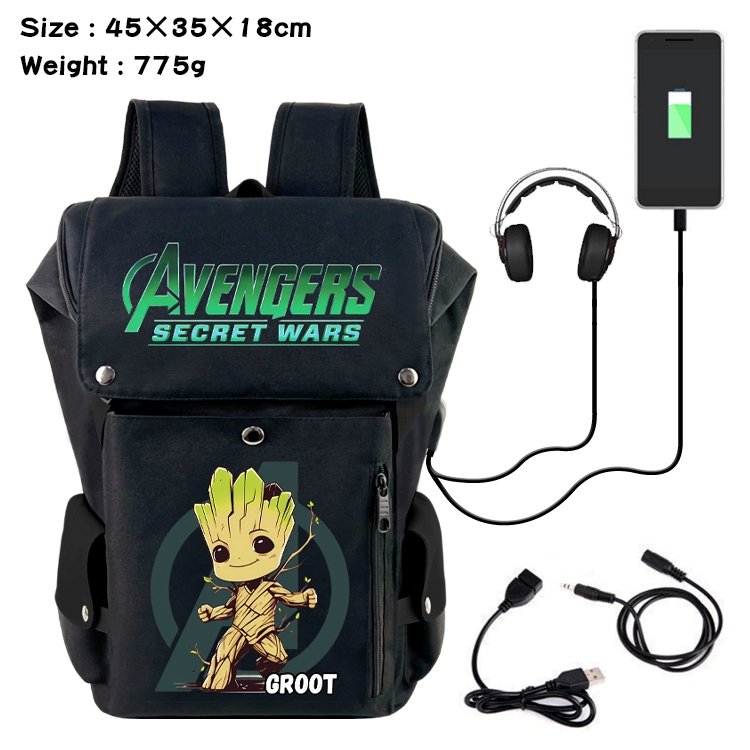 Marvel Anime Canvas Bucket Data Cable Backpack School Bag 45X35X18CM 775G