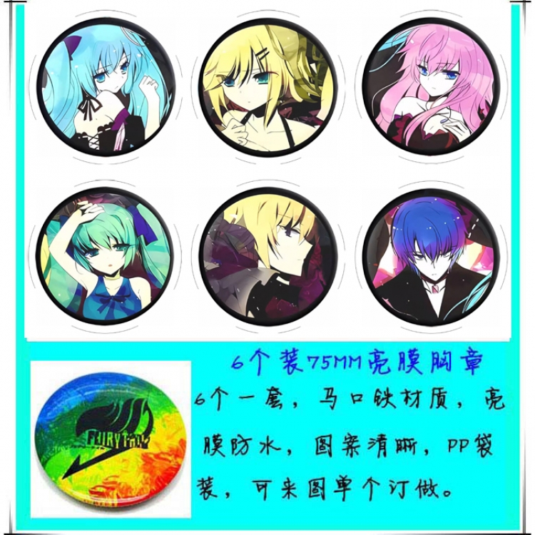 Hatsune Miku Anime round Badge Bright film badge Brooch 75mm a set of 6