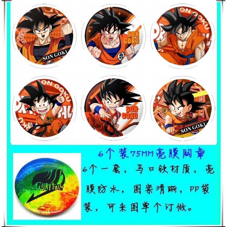 DRAGON BALL Anime round Badge Bright film badge Brooch 75mm a set of 6