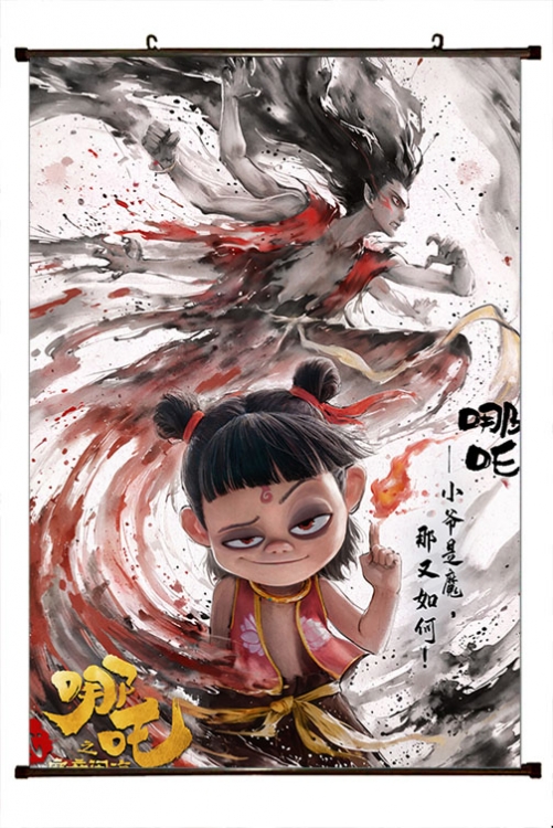 Nezha Anime black Plastic rod Cloth painting Wall Scroll 60X90CM N5-13