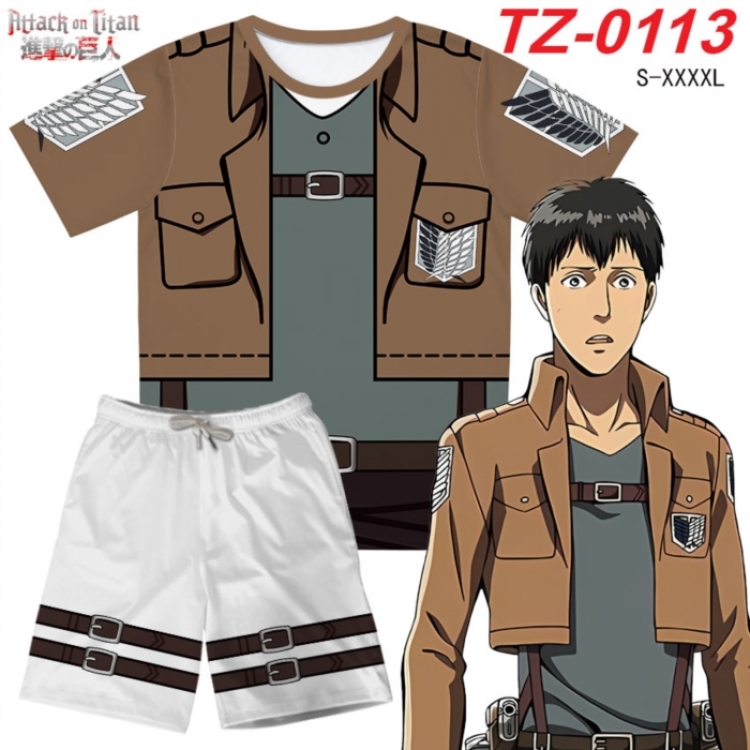 Shingeki no Kyojin Anime Ant Wrinkle Material Full Color Short Sleeve T-shirt+Shorts Set from S to 4XL