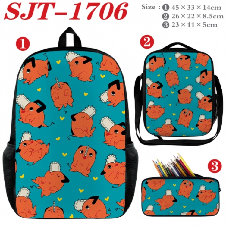 Chainsaw man Anime nylon canvas backpack pencil case crossbody bag three piece set 45x33x14cm