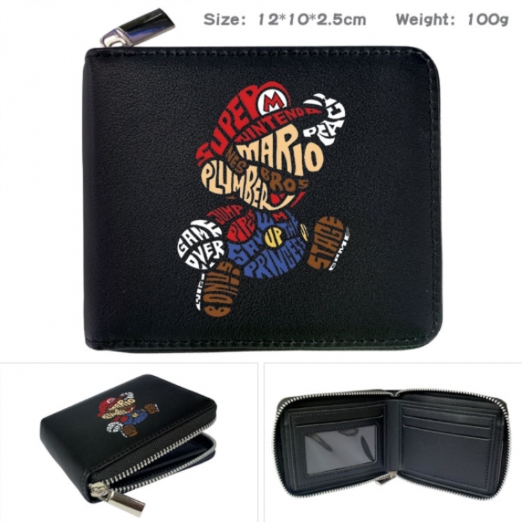 Super Mario Anime zipper black leather half-fold wallet 12X10X2.5CM 100G