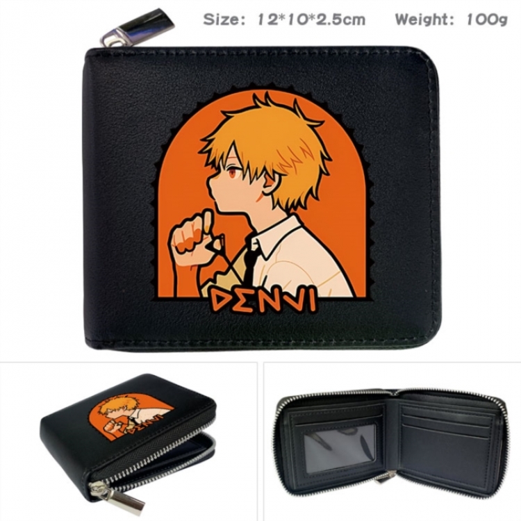 Chainsaw man Anime zipper black leather half-fold wallet 12X10X2.5CM 100G
