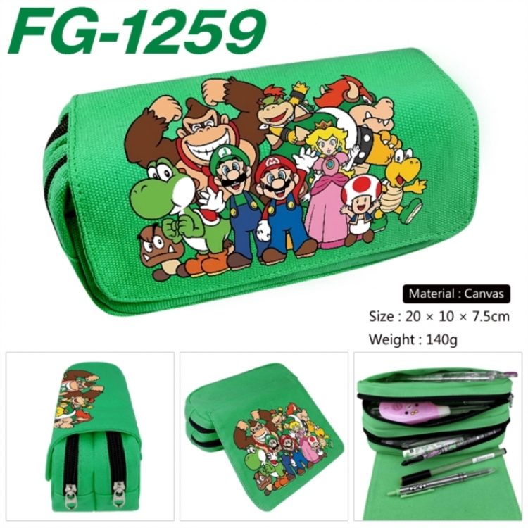 Super Mario Anime Multi-Function Double Zipper Canvas Cosmetic Bag Pen Case 20x10x7.5cm