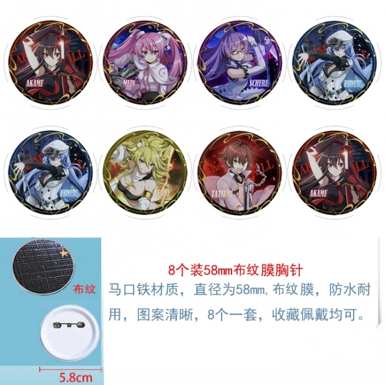 Akame ga KILL Anime Round cloth film brooch badge 58MM a set of 8