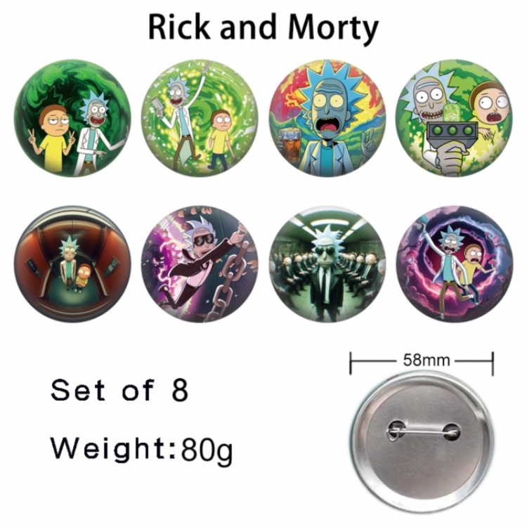 Rick and Morty Anime tinplate brooch badge 58mm a set of 8