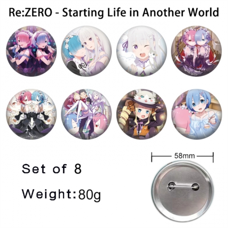 Re:Zero kara Hajimeru Isekai Seikatsu Anime tinplate brooch badge 58mm a set of 8