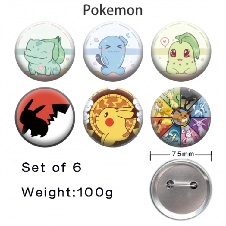 Pokemon Anime Tinplate Bright Film Emblem Badge 75mm a set of 6