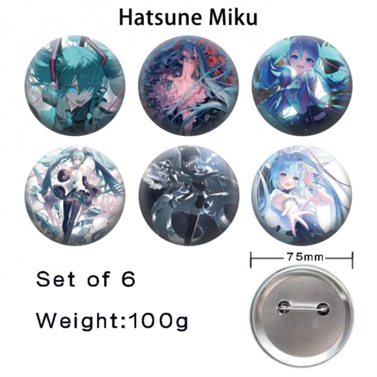 Hatsune Miku Anime Tinplate Bright Film Emblem Badge 75mm a set of 6