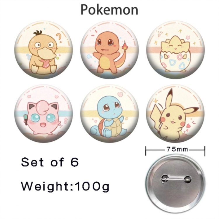 Pokemon Anime Tinplate Bright Film Emblem Badge 75mm a set of 6