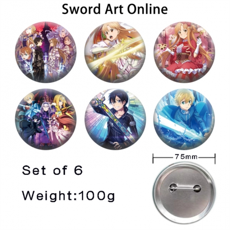 Sword Art Online Anime Tinplate Bright Film Emblem Badge 75mm a set of 6