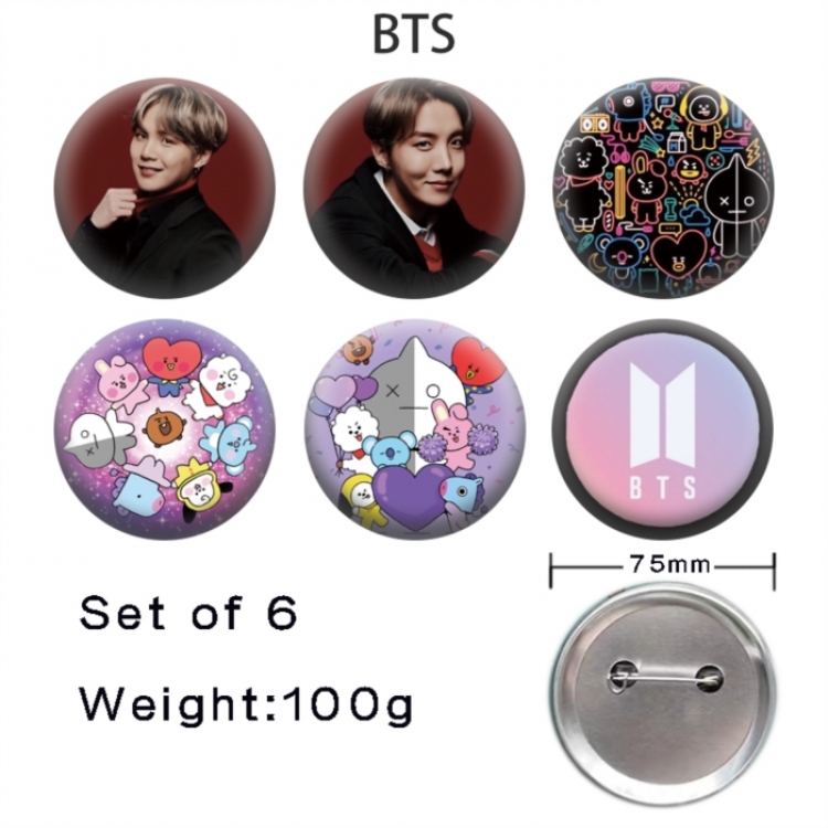 BTS Anime Tinplate Bright Film Emblem Badge 75mm a set of 6