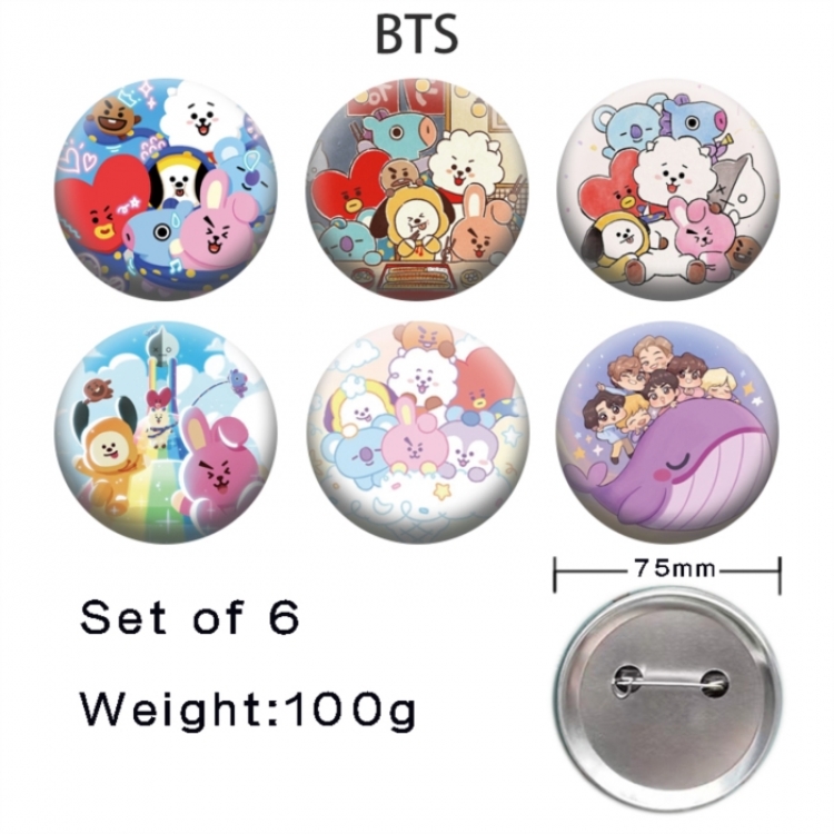 BTS Anime Tinplate Bright Film Emblem Badge 75mm a set of 6