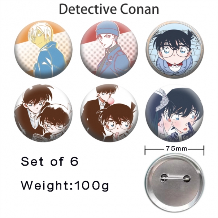 Detective conan Anime Tinplate Bright Film Emblem Badge 75mm a set of 6