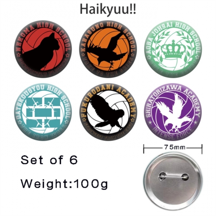 Haikyuu!! Anime Tinplate Bright Film Emblem Badge 75mm a set of 6