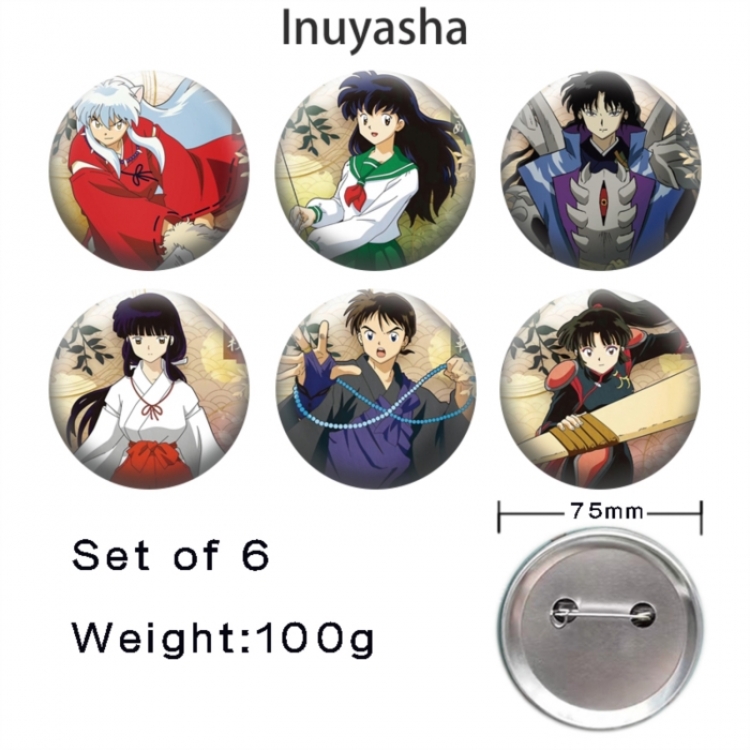 Inuyasha Anime Tinplate Bright Film Emblem Badge 75mm a set of 6