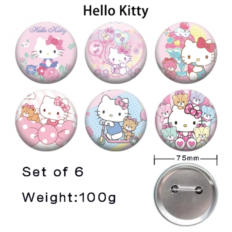 Hello-Kitty Anime Tinplate Bright Film Emblem Badge 75mm a set of 6
