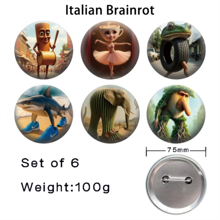 Italian-Brainrot Anime Tinplate Bright Film Emblem Badge 75mm a set of 6