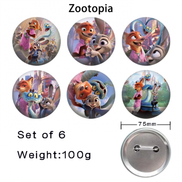 Zootopia Anime Tinplate Bright Film Emblem Badge 75mm a set of 6