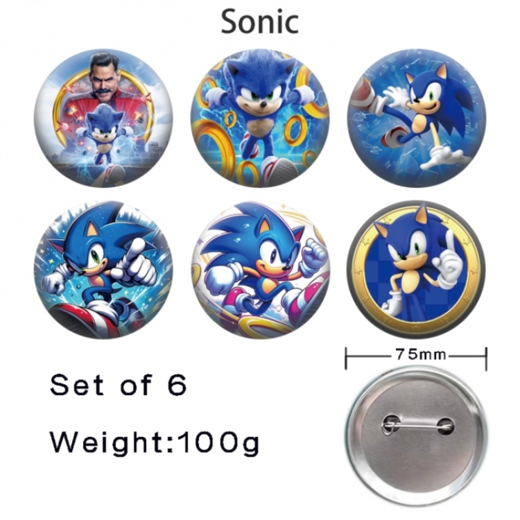 Sonic The Hedgehog  Anime Tinplate Bright Film Emblem Badge 75mm a set of 6