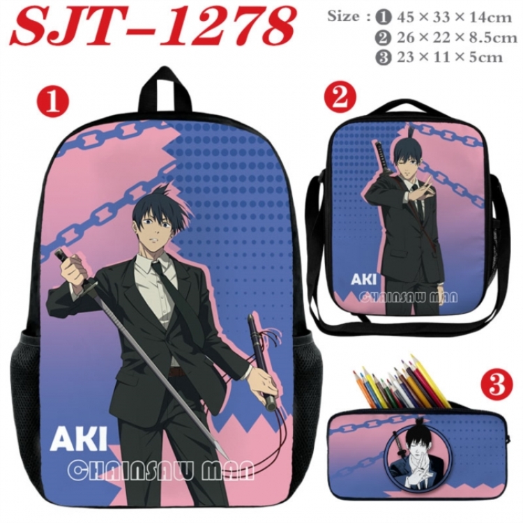 Chainsaw Man Anime nylon canvas backpack pencil case crossbody bag three piece set 45x33x14cm