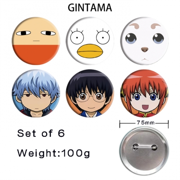 Gintama Anime Tinplate Bright Film Emblem Badge 75mm a set of 6
