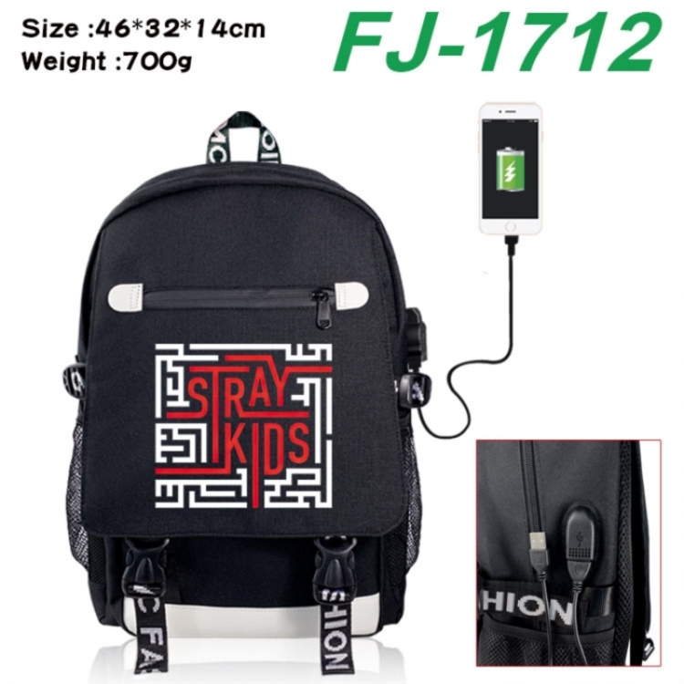 Stray Kids canvas USB backpack cartoon print student backpack 46X32X14CM 700g 