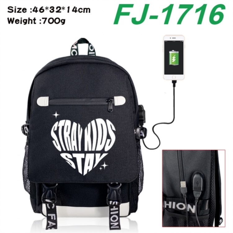 Stray Kids canvas USB backpack cartoon print student backpack 46X32X14CM 700g 