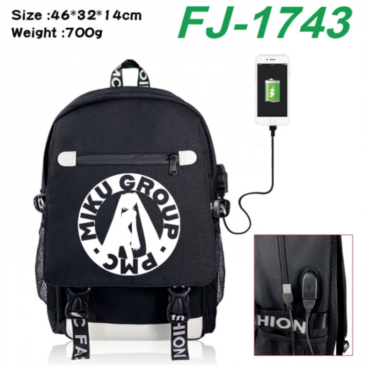 Hatsune Miku canvas USB backpack cartoon print student backpack 46X32X14CM 700g 
