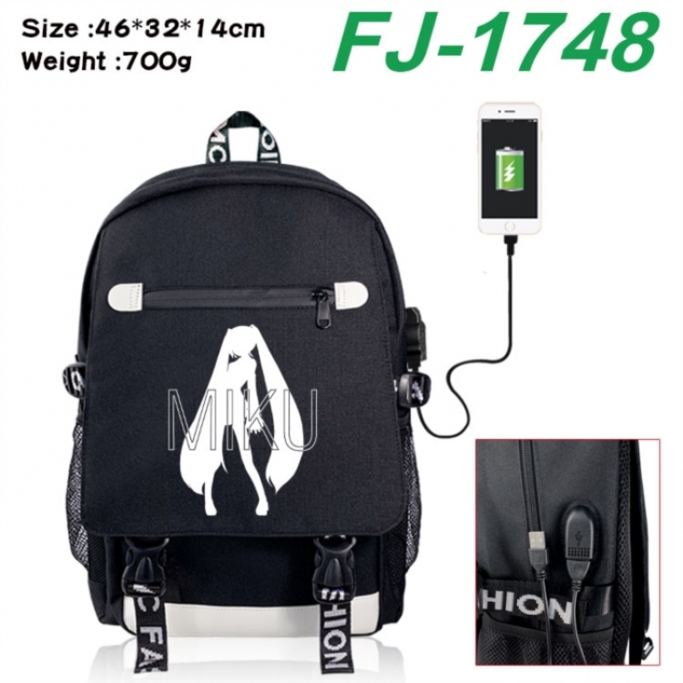 Hatsune Miku canvas USB backpack cartoon print student backpack 46X32X14CM 700g 