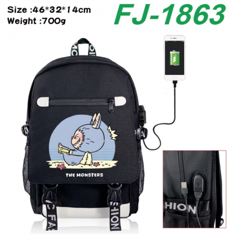 Labubu canvas USB backpack cartoon print student backpack 46X32X14CM 700g 