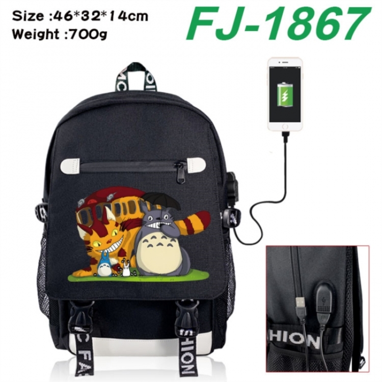 TOTORO canvas USB backpack cartoon print student backpack 46X32X14CM 700g 