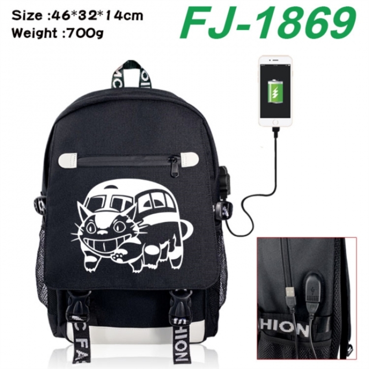 TOTORO canvas USB backpack cartoon print student backpack 46X32X14CM 700g 
